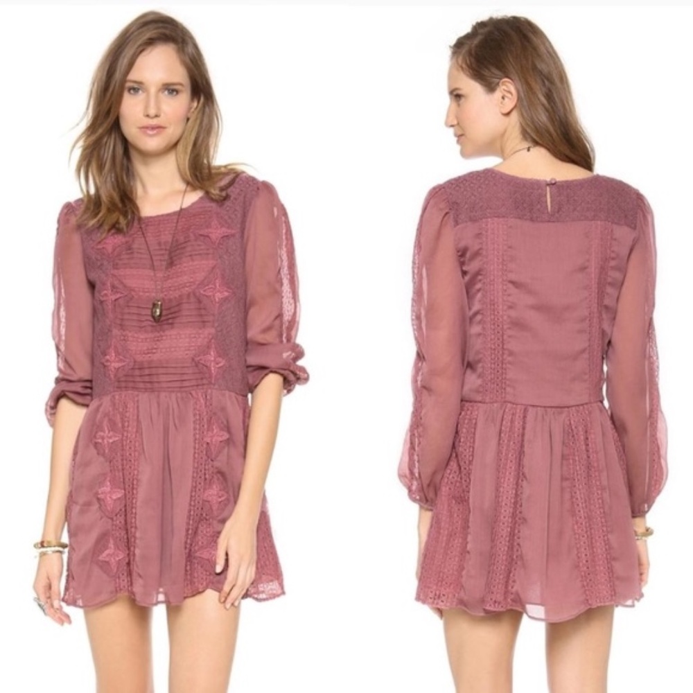 Free People | Leigh Mauve Lace Peasant Mini Dress - Picture 8 of 8